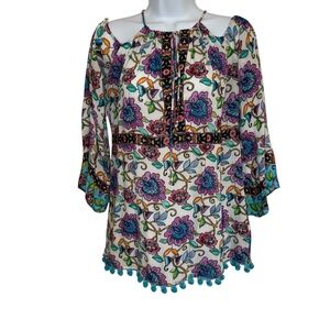 NEW!!! Nanette Lepore Rosarito  Cold Shoulder Tunic Cover Up DIY Pompoms EUC  XS